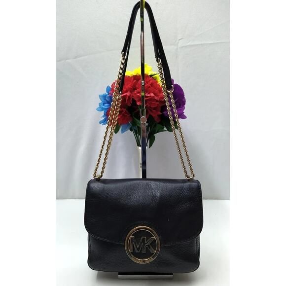 Michael Kors Black Pebbled Leather Front Logo Chain Strap Crossbody Bag - Picture 1 of 16